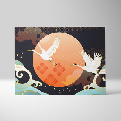 Rectangular canvas wall art featuring two white cranes flying over blue waves with an orange moon and gold patterns