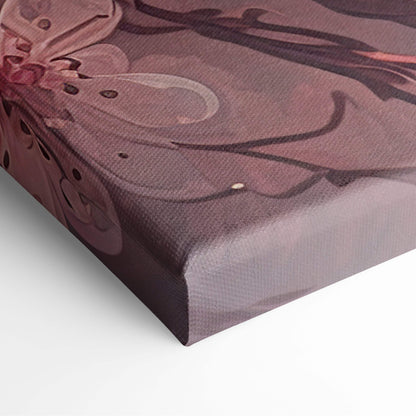 Pink cherry blossom branch canvas wall art with abstract floral design in muted purples and browns and textured surface