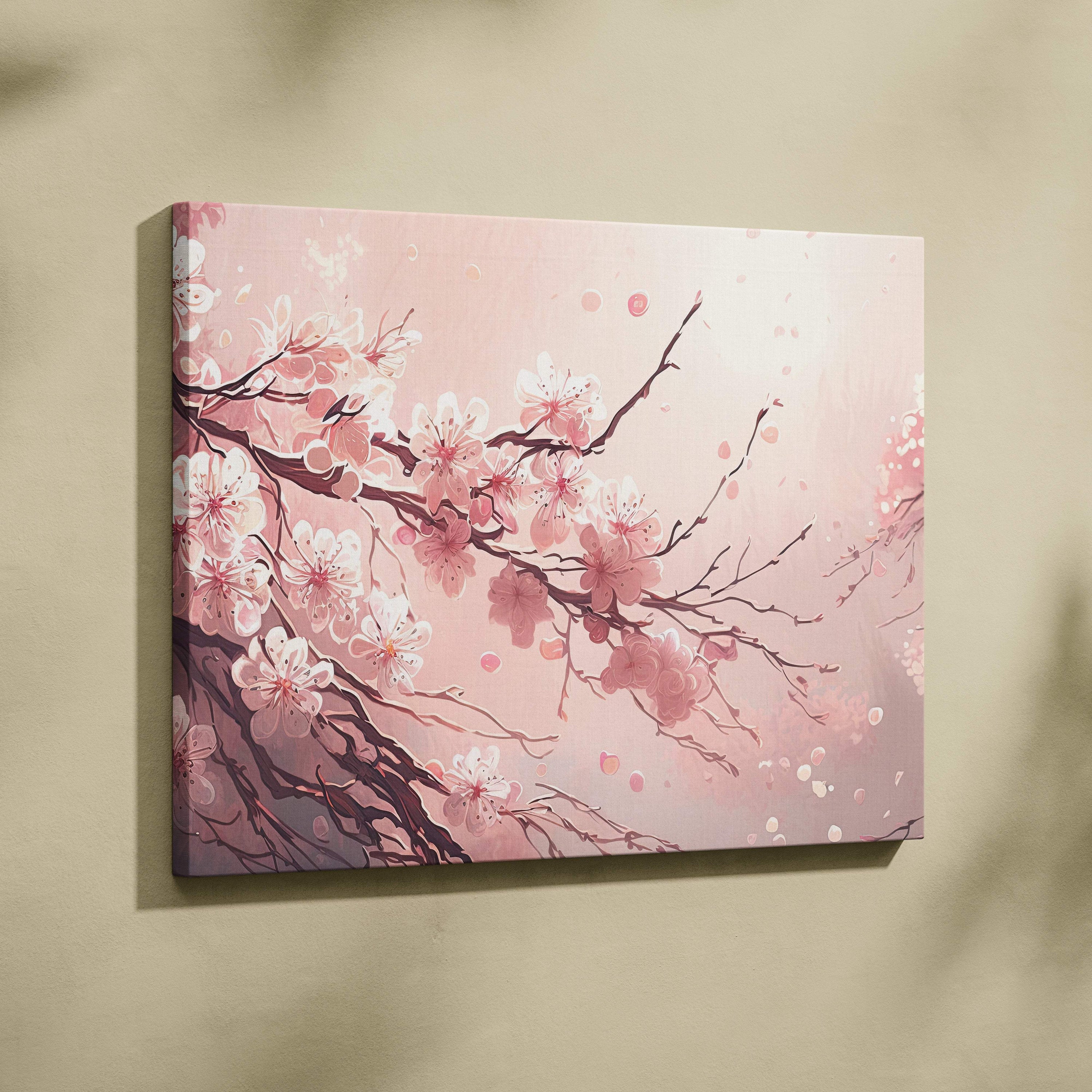 Pink cherry blossom branch canvas wall art with soft blush floral petals on a gentle gradient background