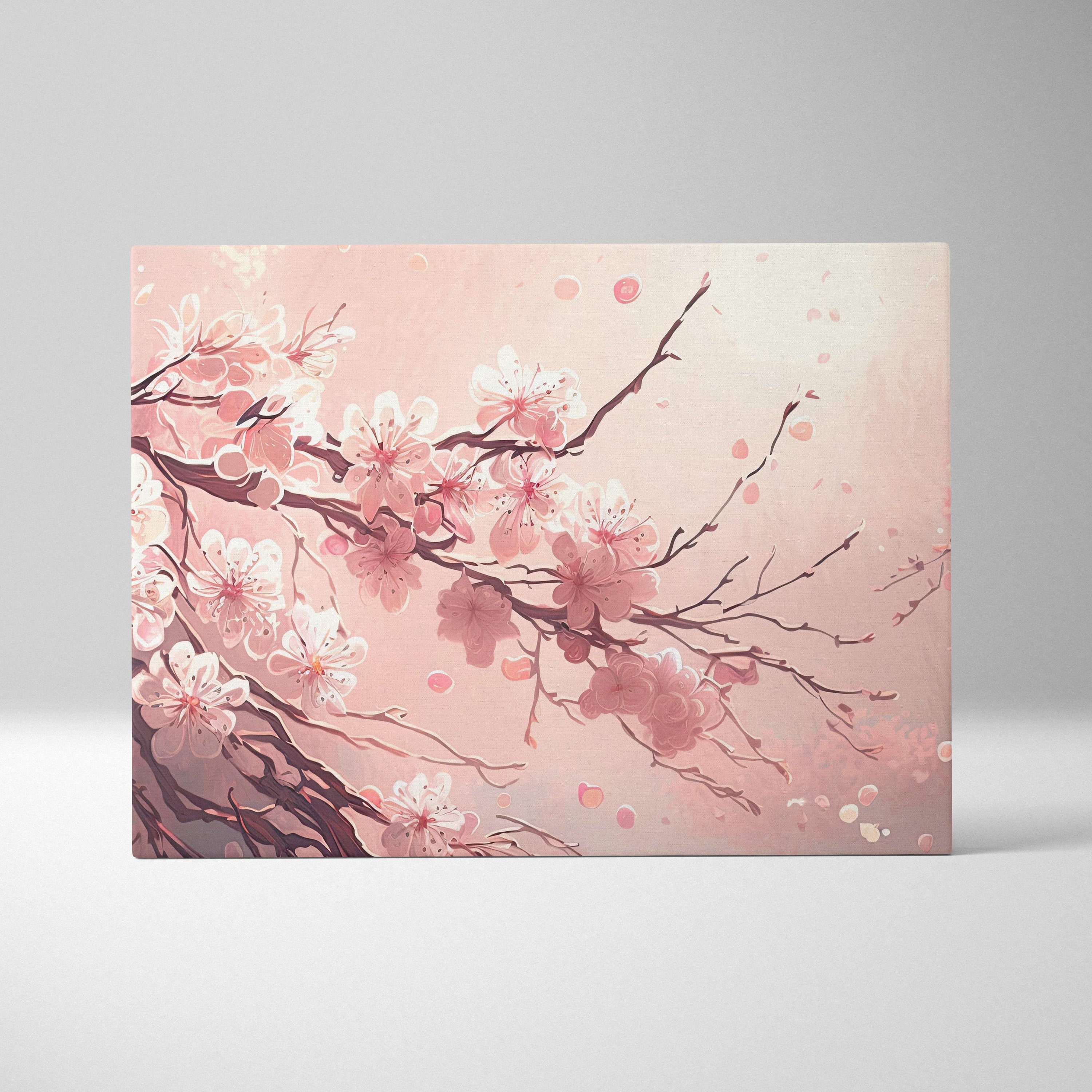 Rectangular canvas wall art featuring delicate pink cherry blossom branches with dark wood tones in a soft gradient background