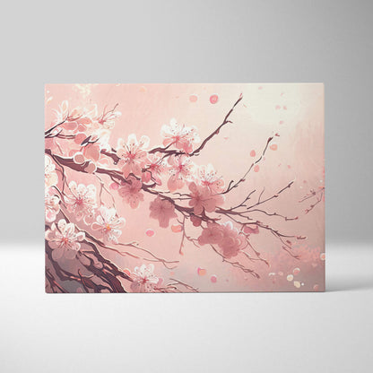 Rectangular canvas wall art featuring delicate pink cherry blossom branches with dark wood tones in a soft gradient background