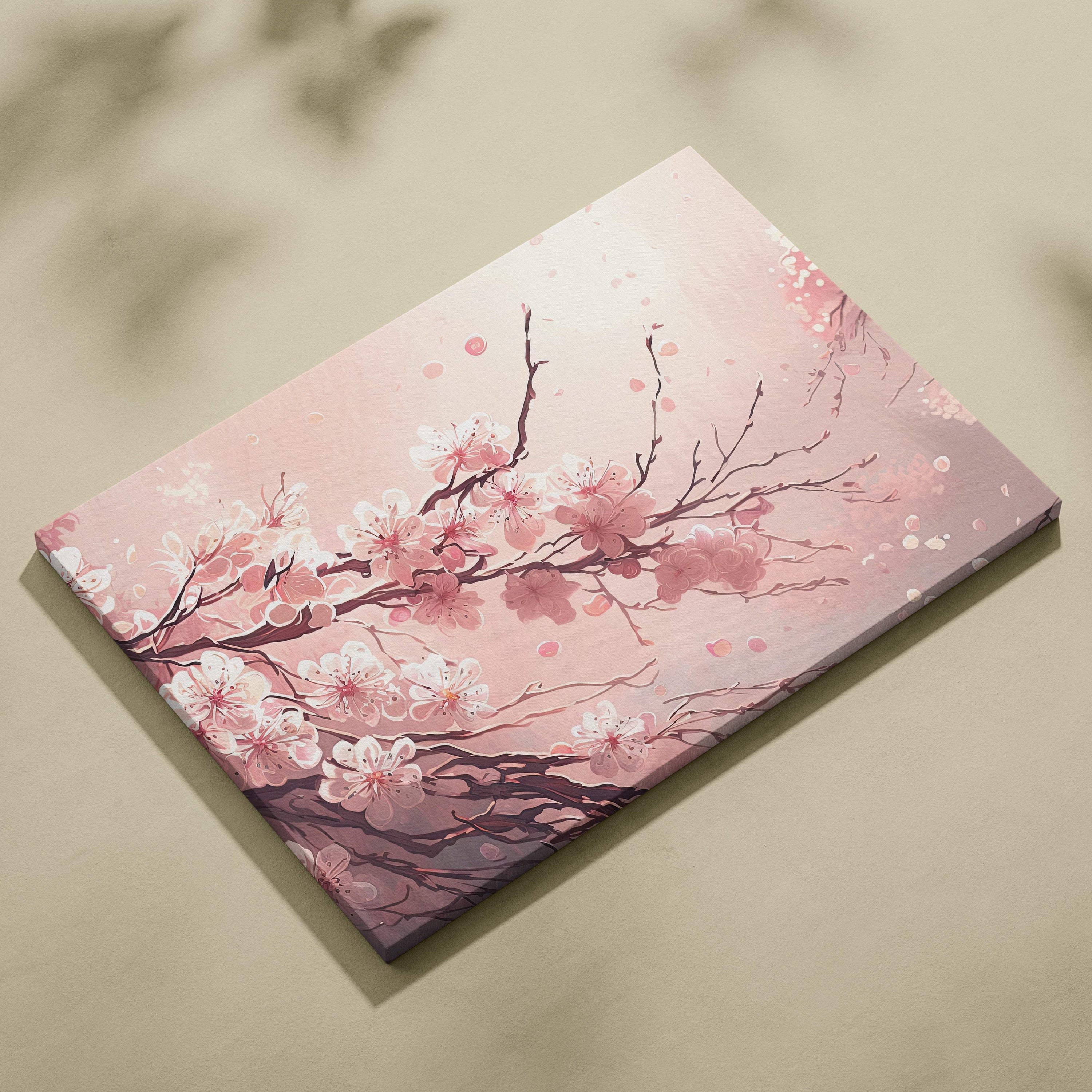 Pink cherry blossom branch canvas wall art with soft blush floral petals in romantic japanese anime painting style