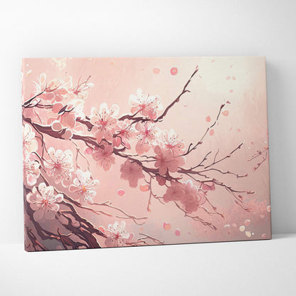 Soft pink canvas wall art with delicate cherry blossom branches and falling petals in romantic japanese anime style
