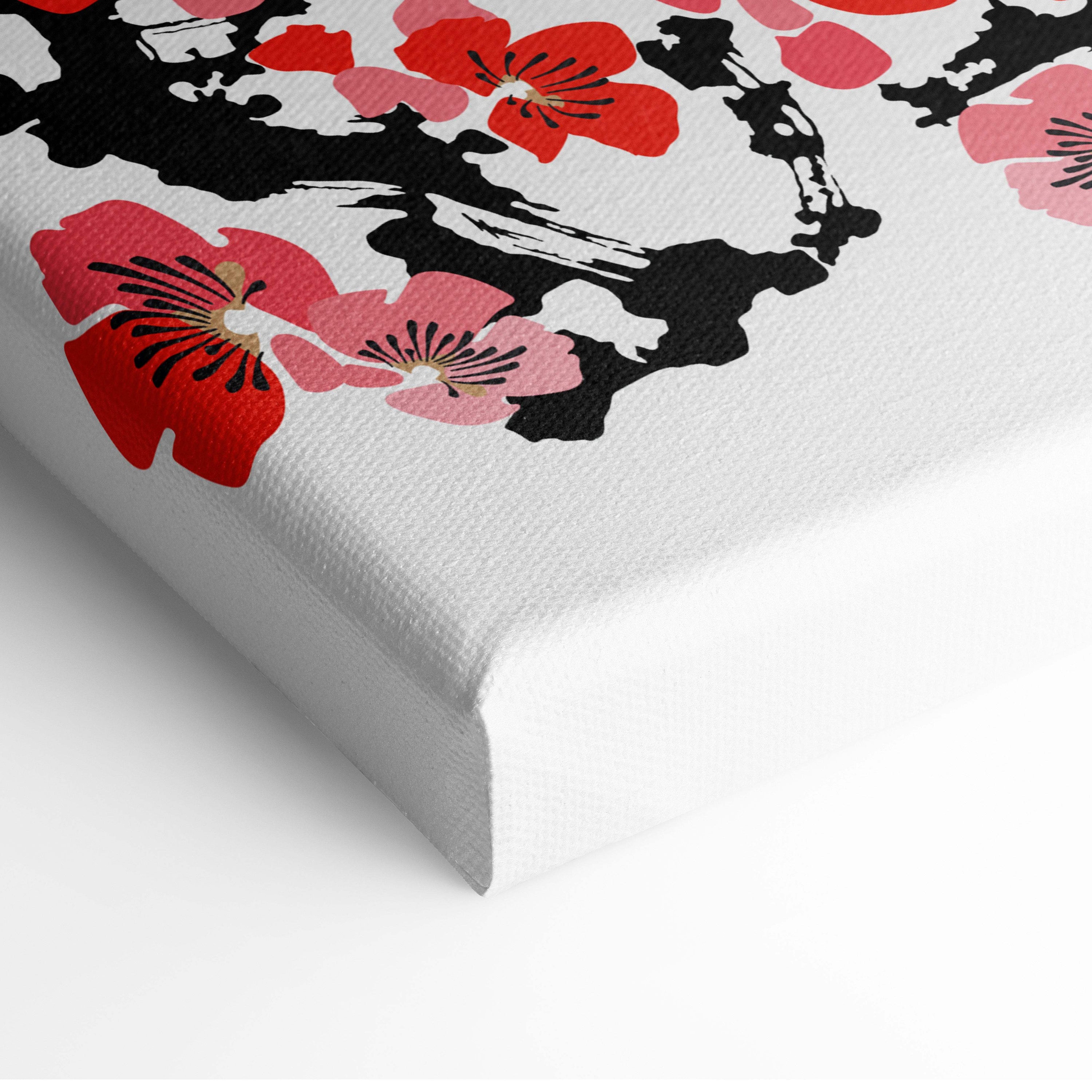 White canvas wall art with vibrant red and pink cherry blossoms and black branches in japanese ink painting style