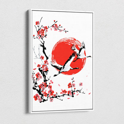 A framed canvas print of red sun crane cherry blossom wall art in japanese ink painting style for living room decor