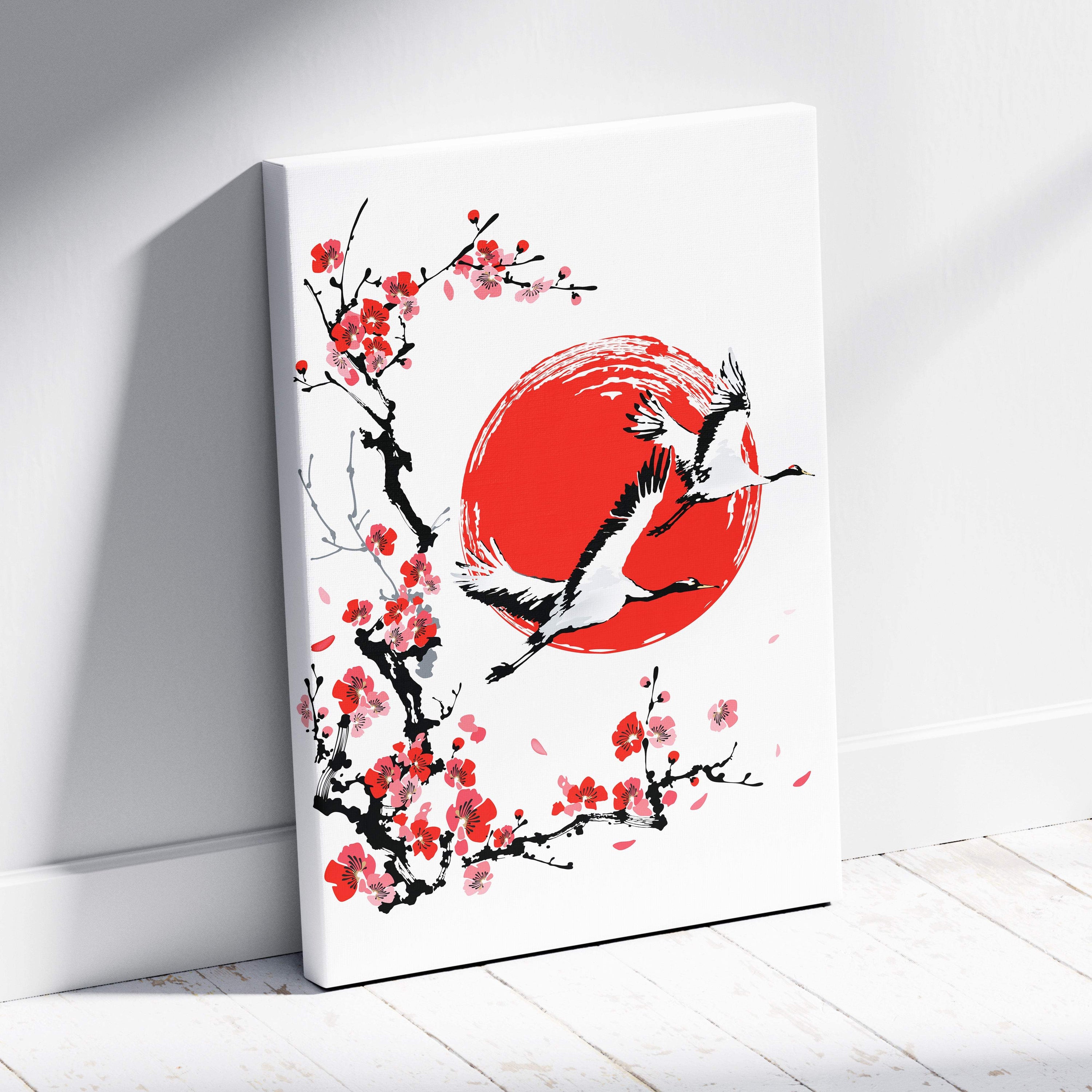 White canvas print with red sun black and white cranes and pink cherry blossoms in japanese ink painting style wall art