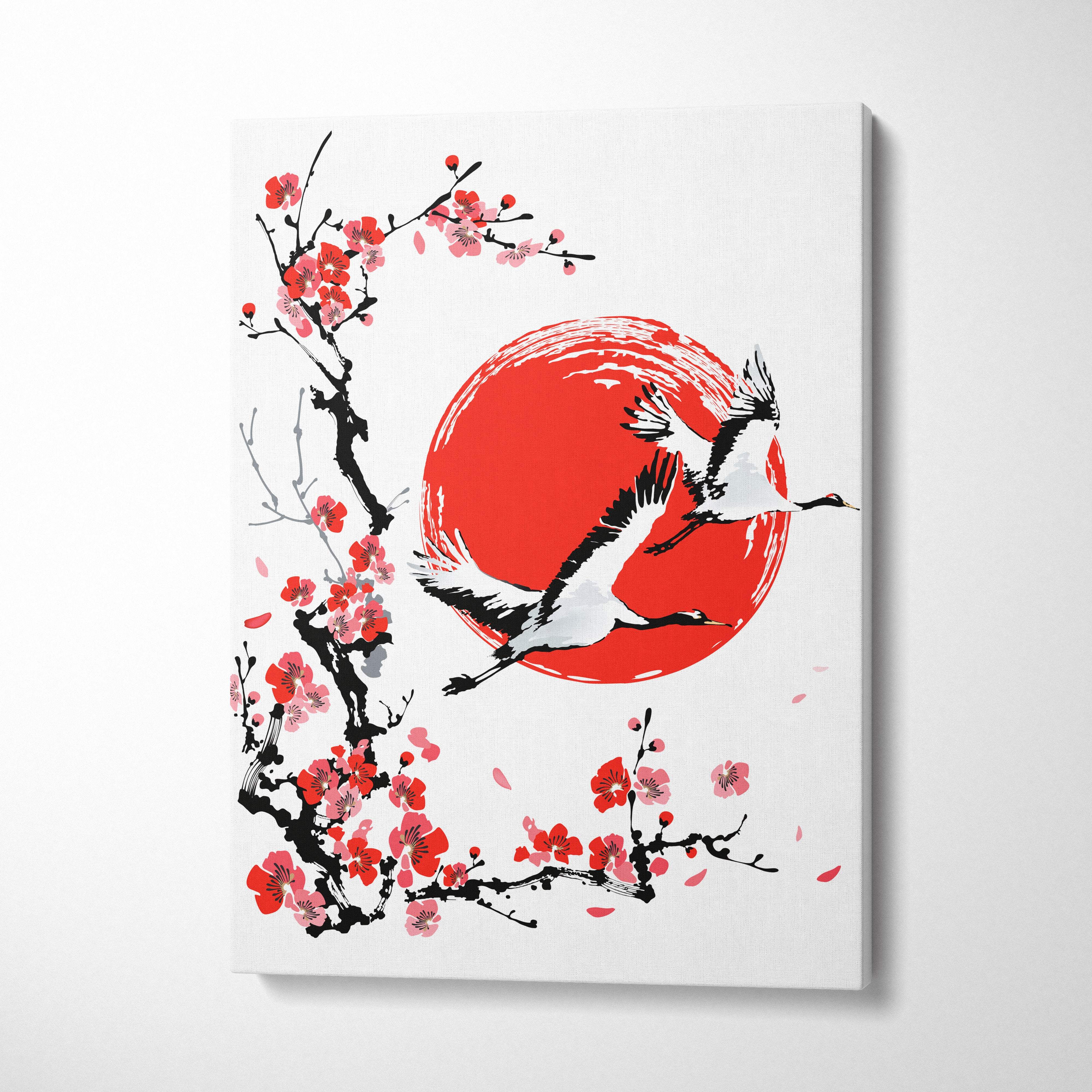 Minimalist red sun crane cherry blossom canvas wall art with white cranes and pink flowers in japanese ink style for decor