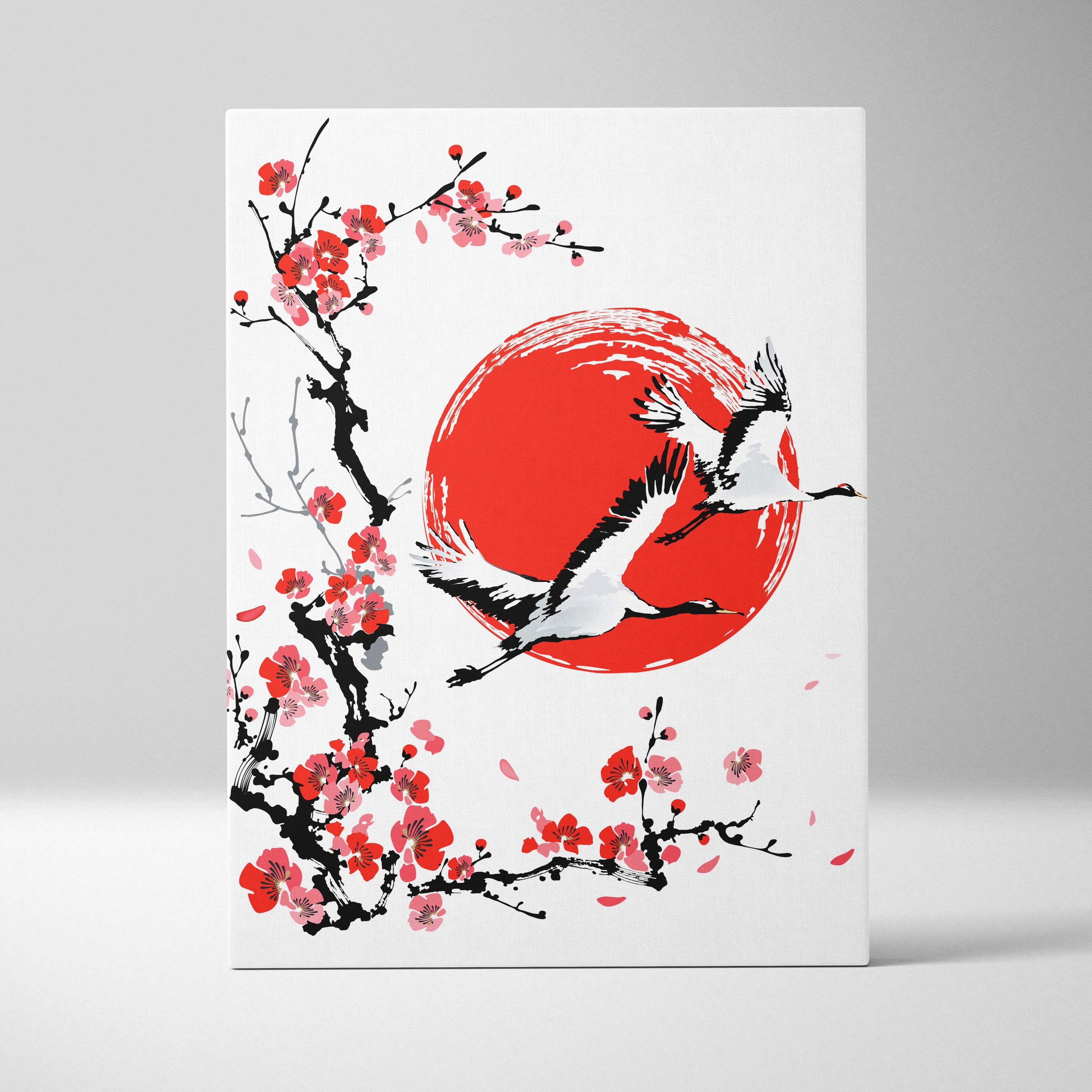 Red sun crane cherry blossom canvas wall art with white cranes and pink blossoms in japanese ink painting style