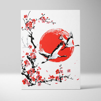 Red sun crane cherry blossom canvas wall art with white cranes and pink blossoms in japanese ink painting style