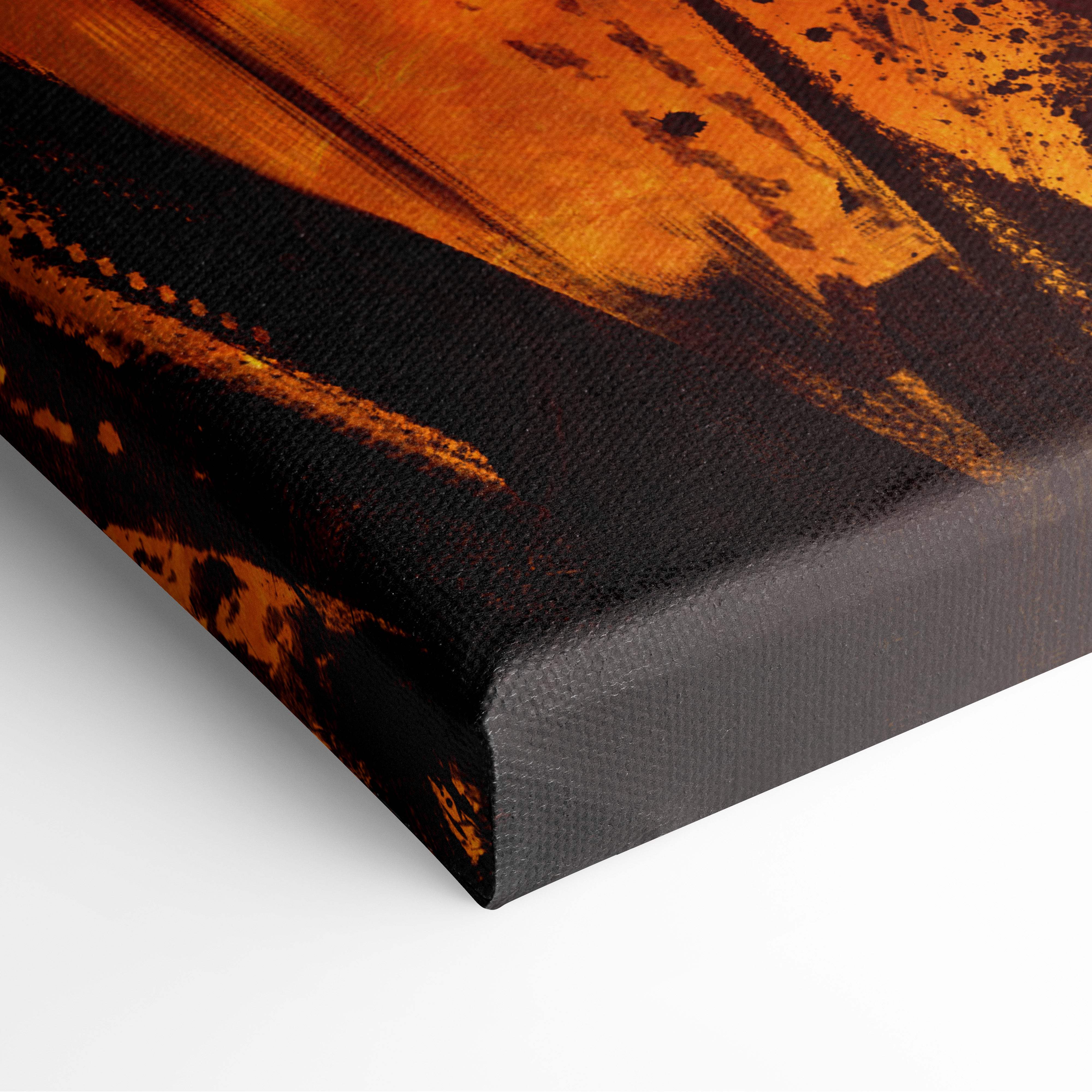 Infernal shadow knight canvas art with bold orange and black abstract brushstrokes on textured surface fantasy decor