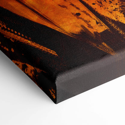 Infernal shadow knight canvas art with bold orange and black abstract brushstrokes on textured surface fantasy decor