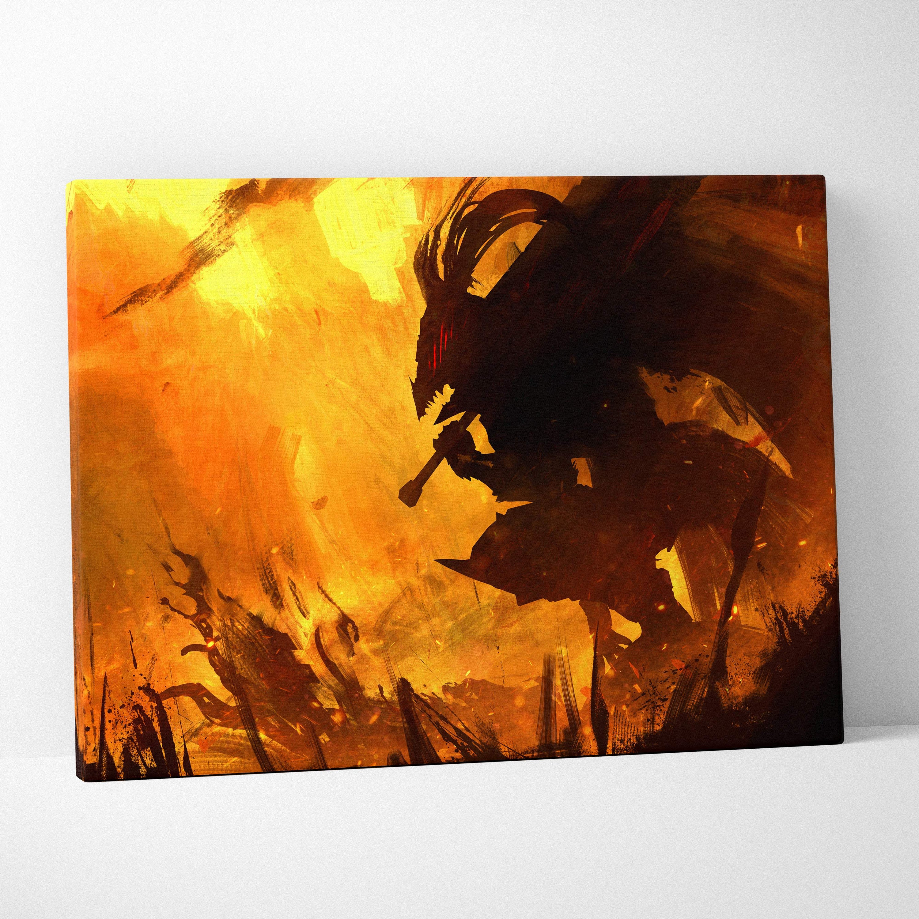 Infernal shadow knight canvas art featuring an orange and black horned dark warrior with glowing eyes on a fiery battlefield