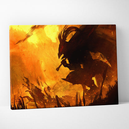 Infernal shadow knight canvas art featuring an orange and black horned dark warrior with glowing eyes on a fiery battlefield