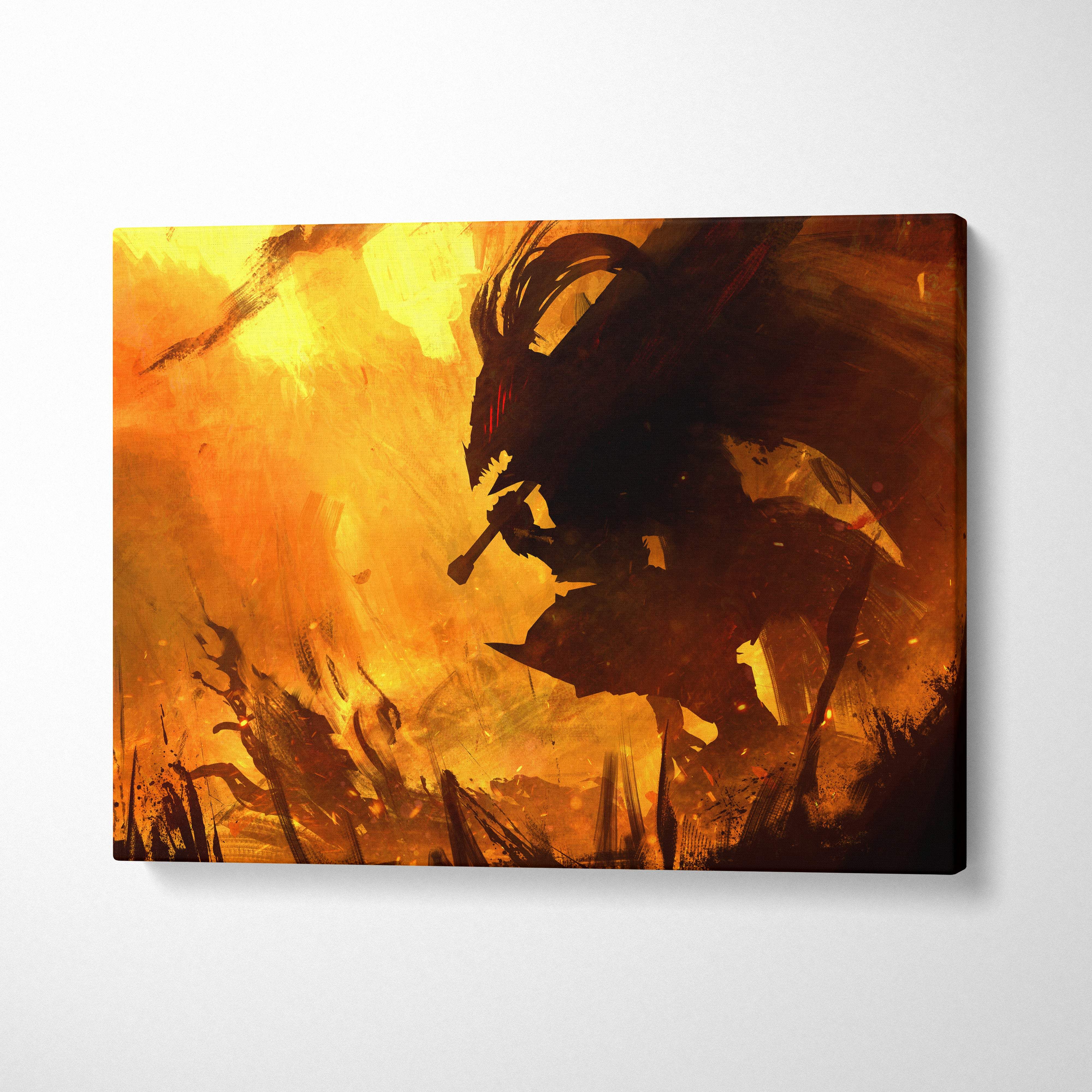 Infernal shadow knight canvas art features orange and black fantasy winged creature in fiery apocalyptic scene