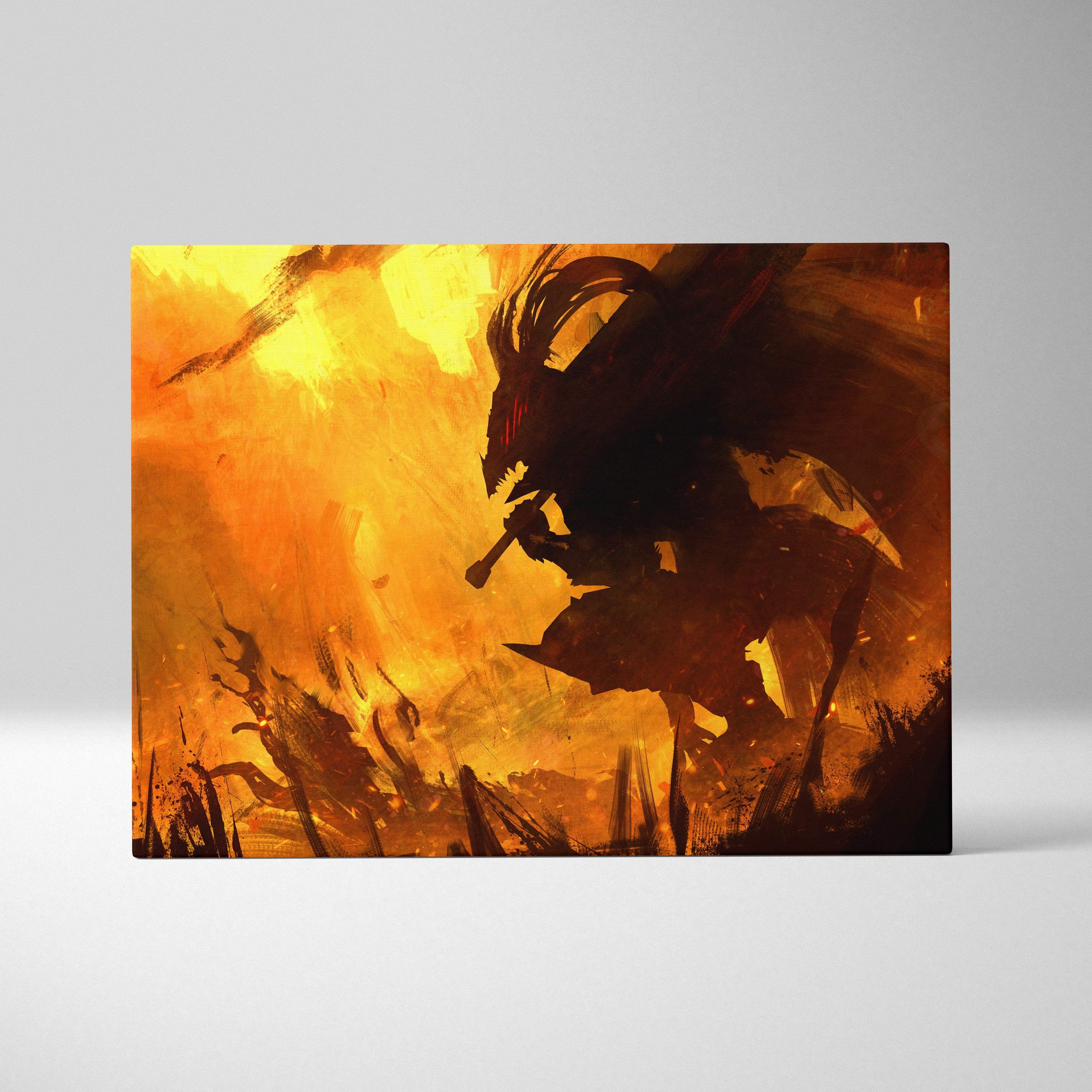 A rectangular canvas print of a dark silhouetted dragon-like warrior amid fiery orange and yellow flames in a fantasy scene