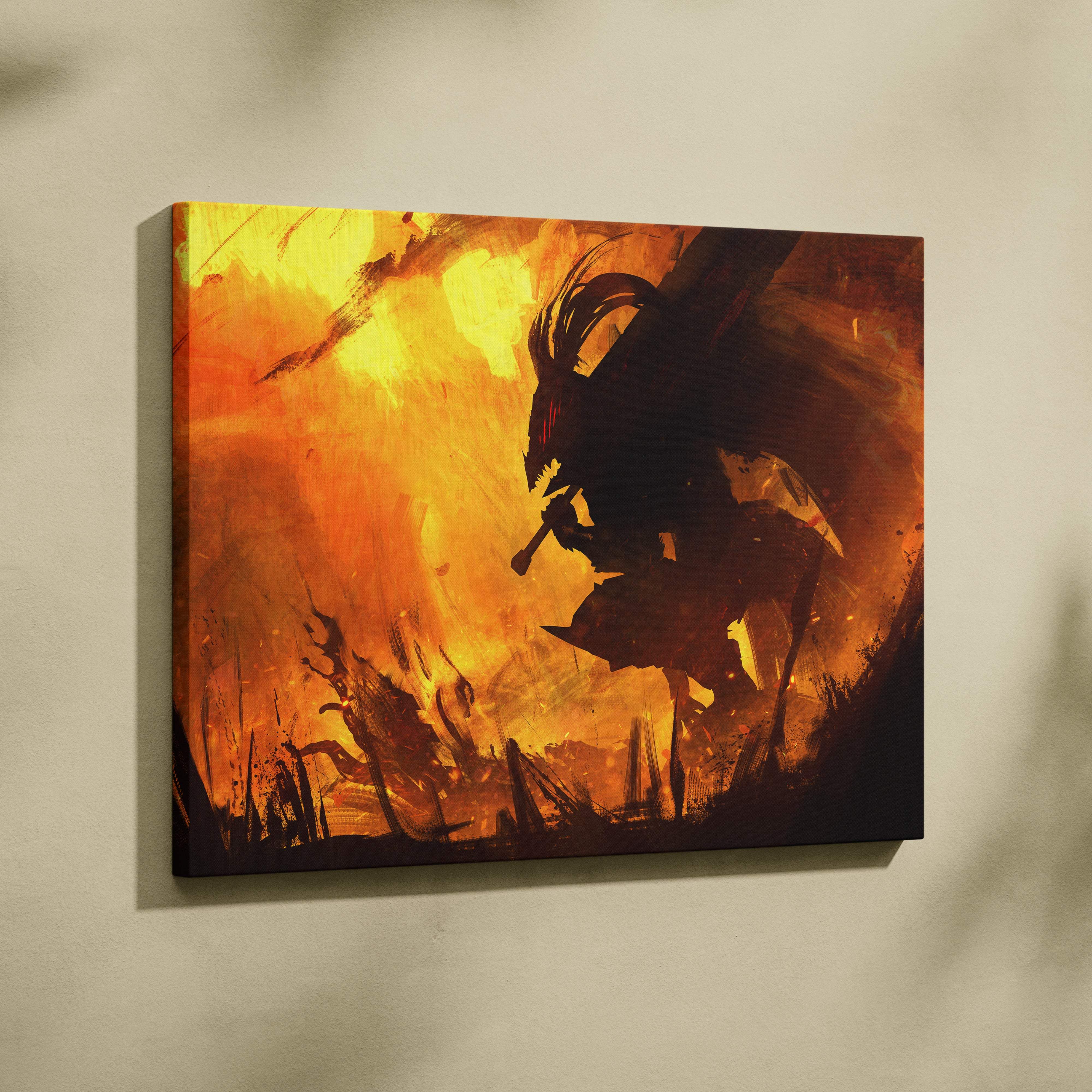 Vibrant orange and yellow canvas print of dark silhouetted warrior on horseback in fiery battlefield scene