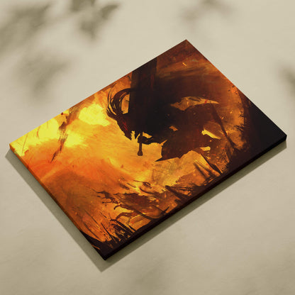 A rectangular canvas print of a fiery orange and black anime silhouette of an infernal shadow knight in a hellish battlefield