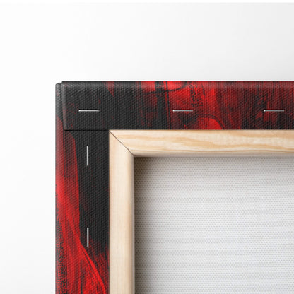 Crimson berserker warrior canvas art with bold red and black abstract brushstrokes framed by light wood border