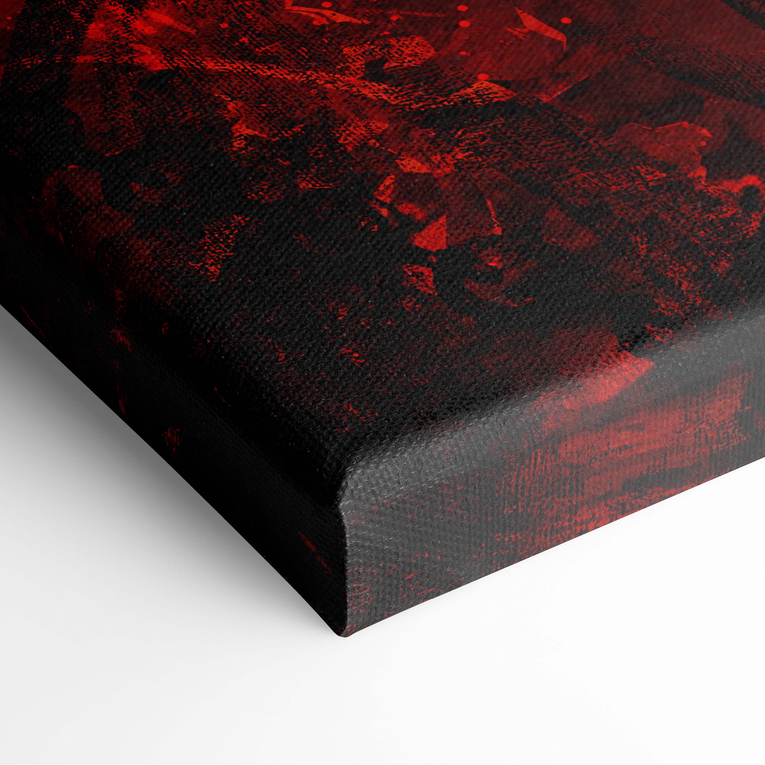 A textured canvas print featuring bold deep red splatters on black showcasing crimson berserker warrior dark fantasy art