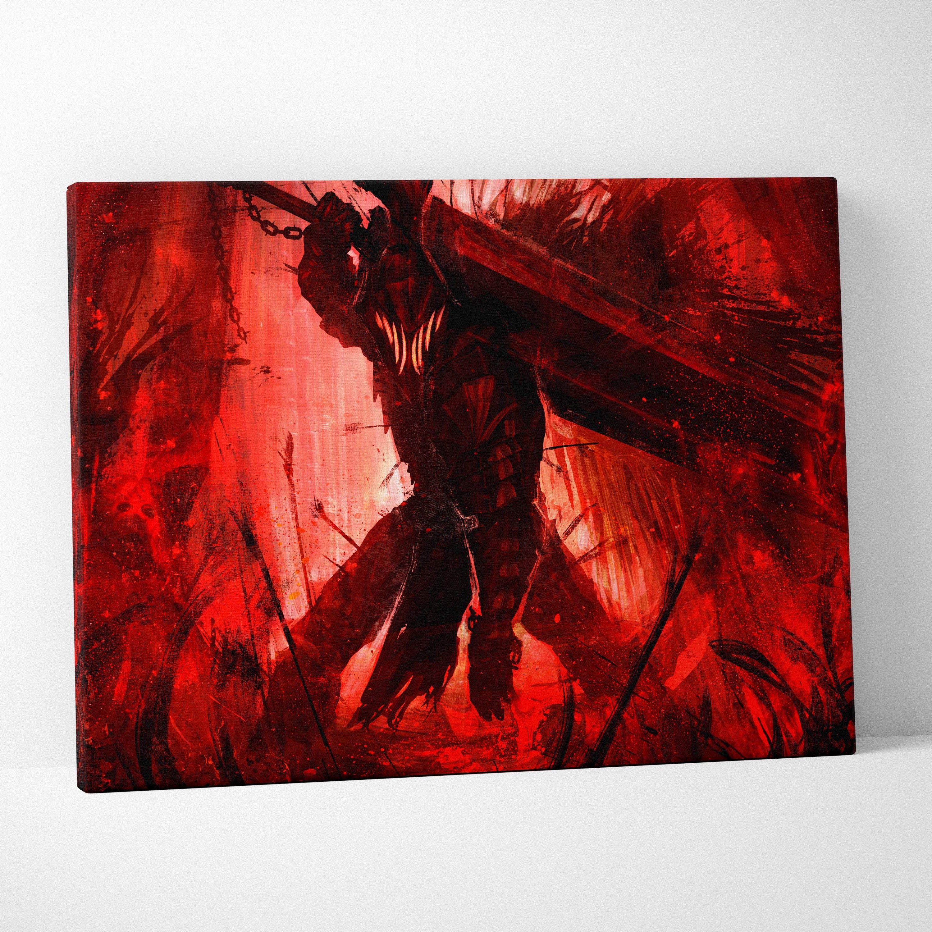 Red canvas print of a dark armored berserker warrior wielding a massive sword against a fiery red backdrop