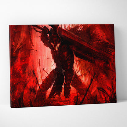 Red canvas print of a dark armored berserker warrior wielding a massive sword against a fiery red backdrop