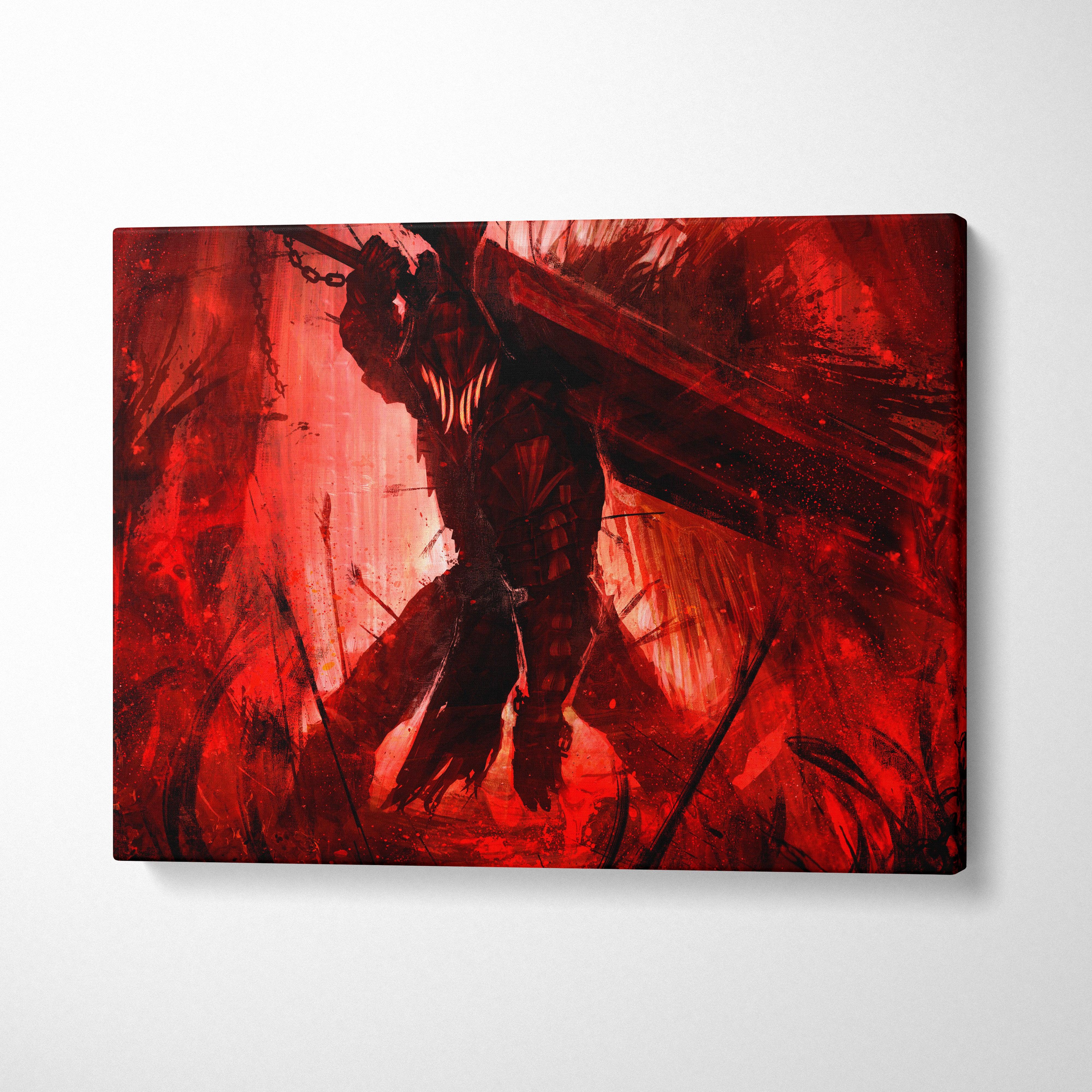 Crimson berserker warrior canvas art features a red and black dark fantasy knight with a massive sword on crimson background