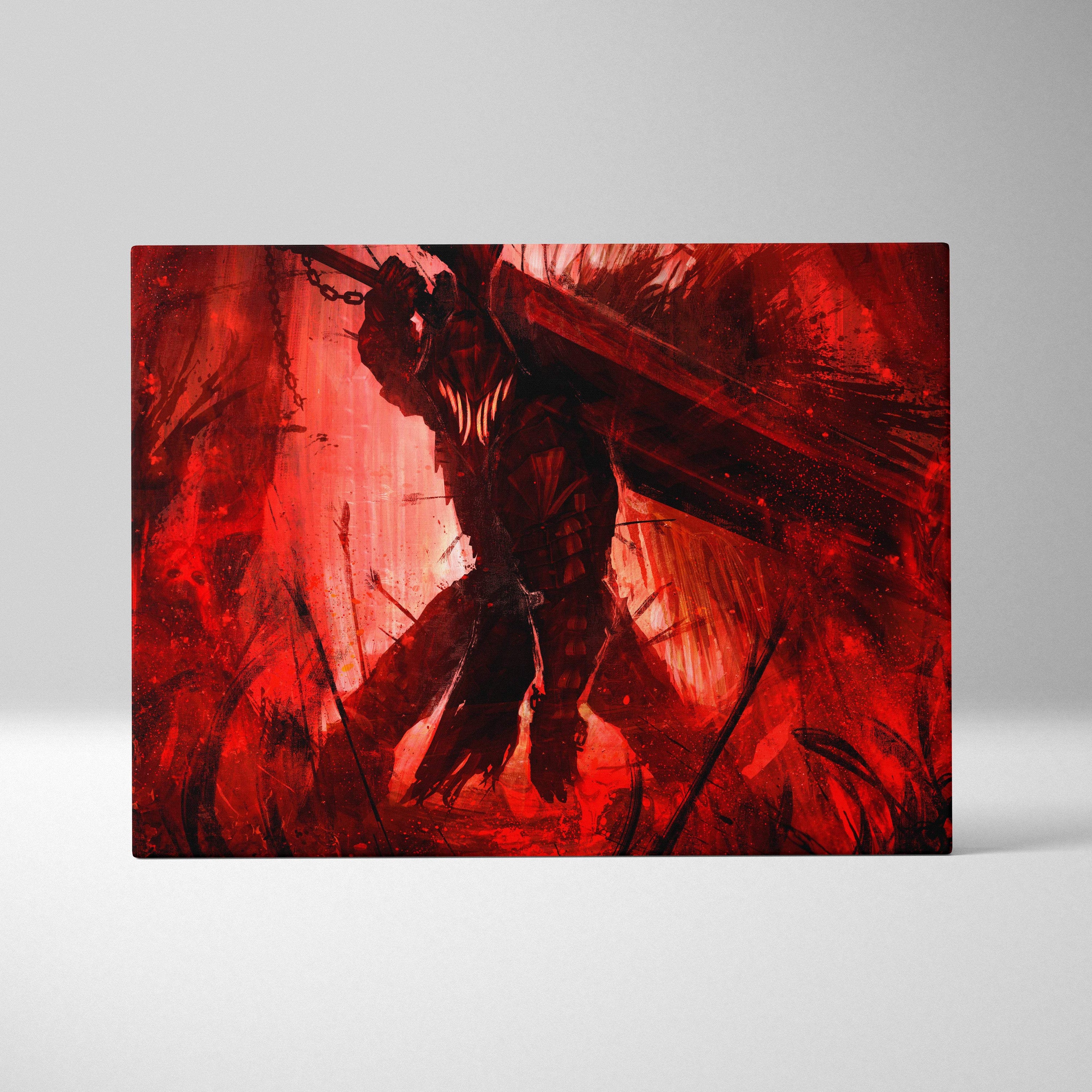 Rectangular canvas print of a dark armored warrior with a massive sword against a red and black abstract background