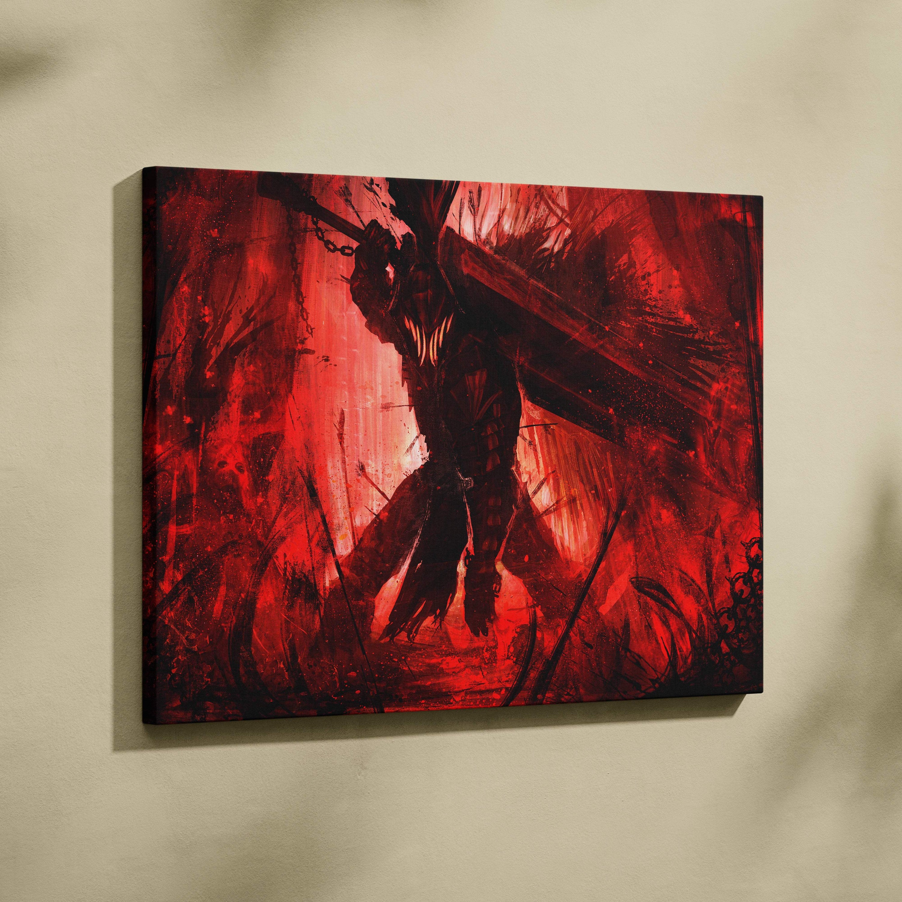 Crimson berserker warrior canvas art showing a dark armored figure with massive sword in red and black chaotic scene