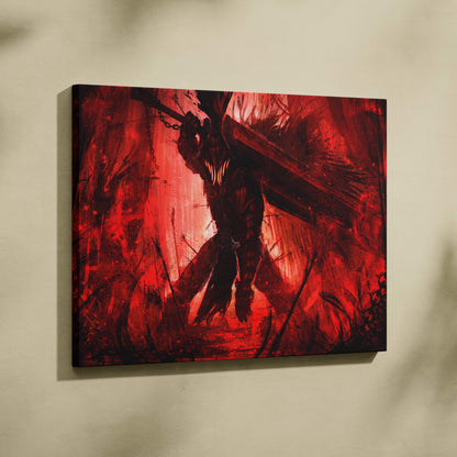 Crimson berserker warrior canvas art showing a dark armored figure with massive sword in red and black chaotic scene