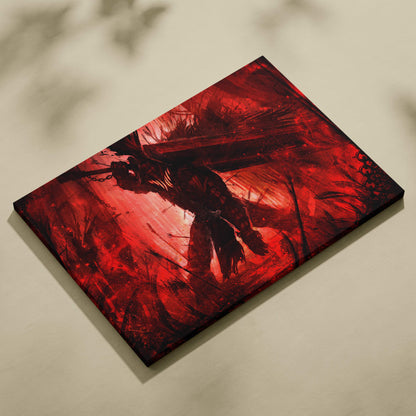 A vibrant red abstract canvas art showing a dark silhouette warrior with a massive sword in an intense gothic battle scene
