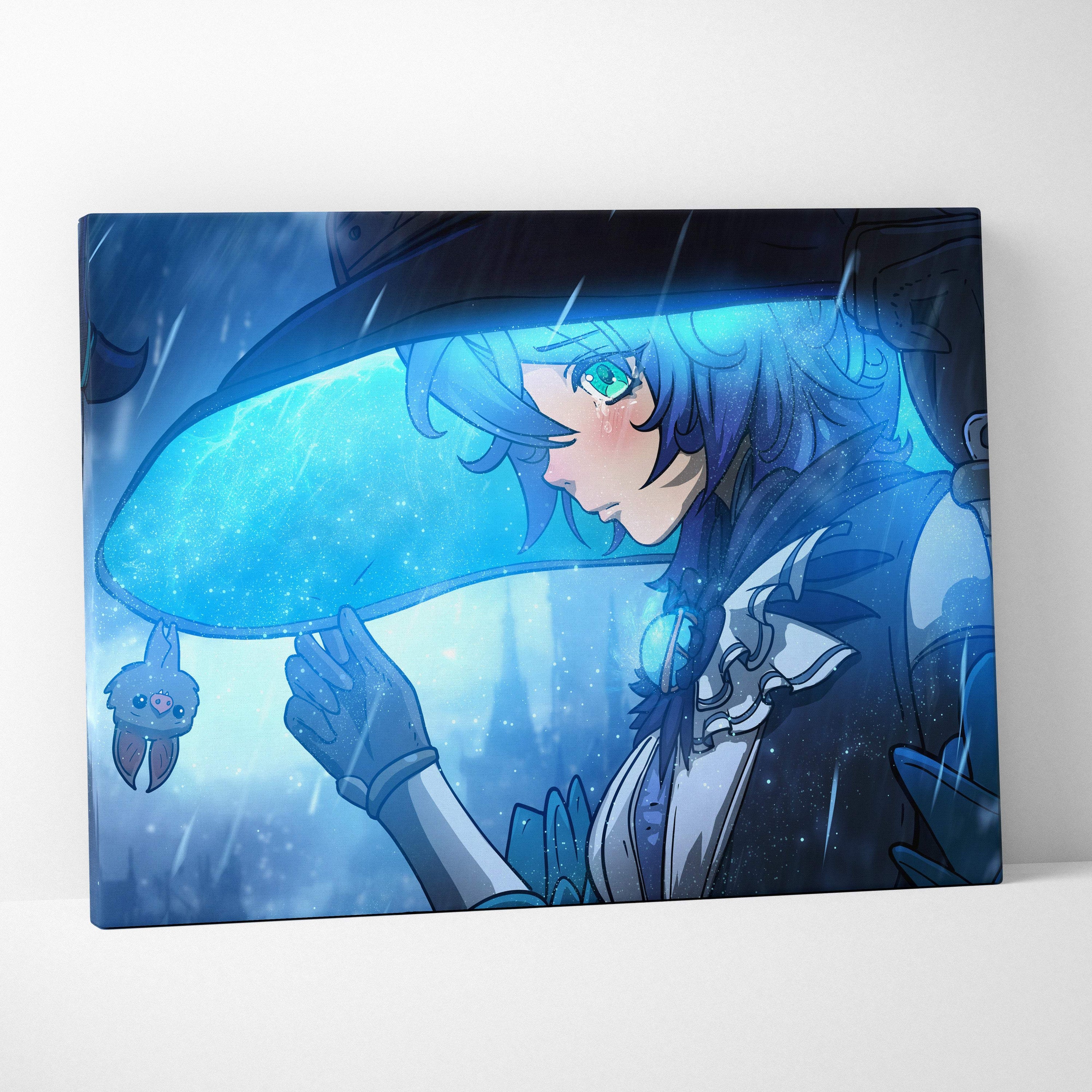 Blue-toned canvas print of anime witch with glowing green eyes holding translucent umbrella and plush charm