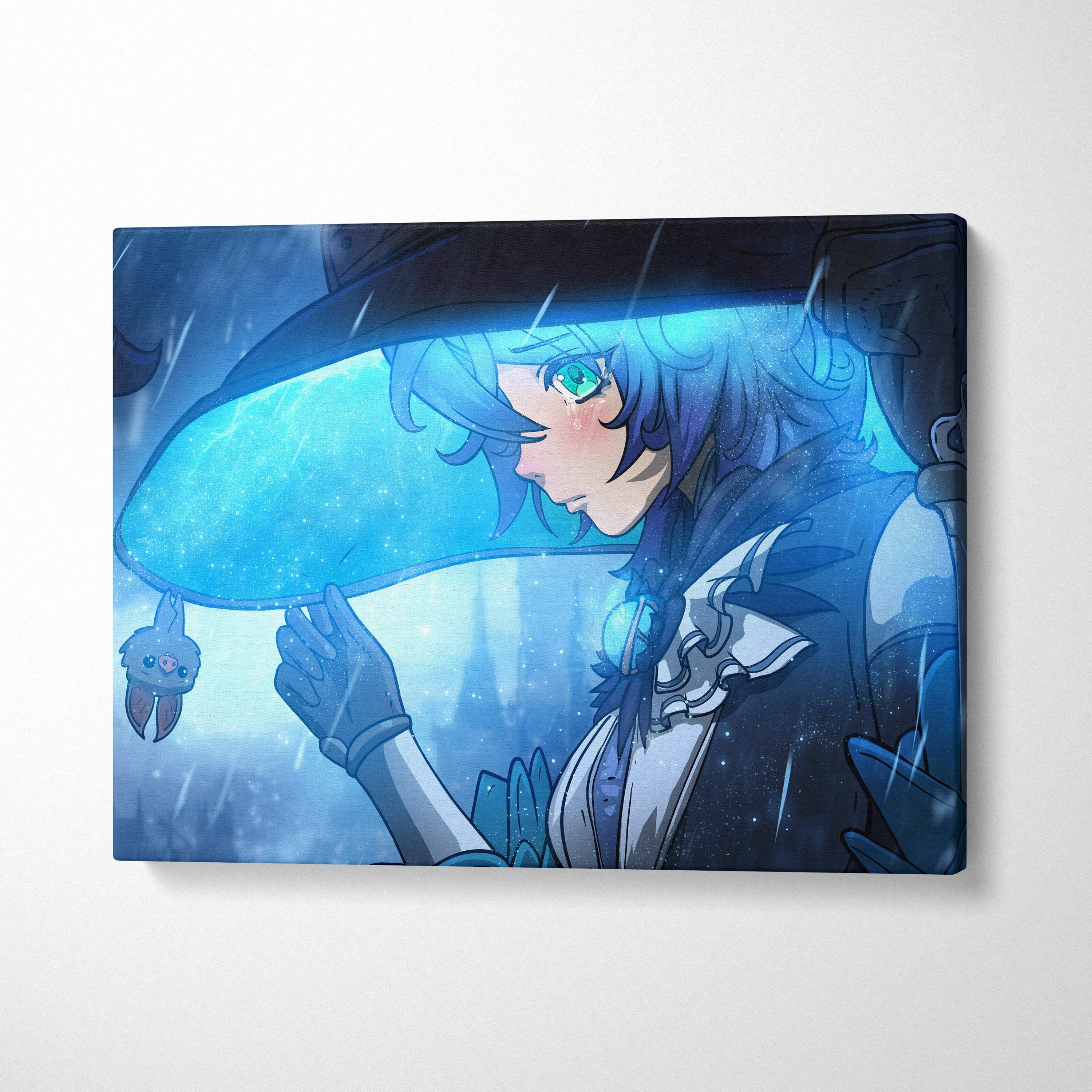 Rainy night anime witch canvas art featuring a blue-toned magical girl with teal eyes and plush creature under umbrella
