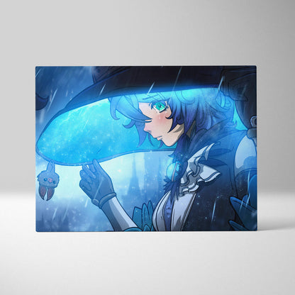 Blue anime-style canvas print of a magical girl with teal eyes and dark hair under umbrella with plush creature