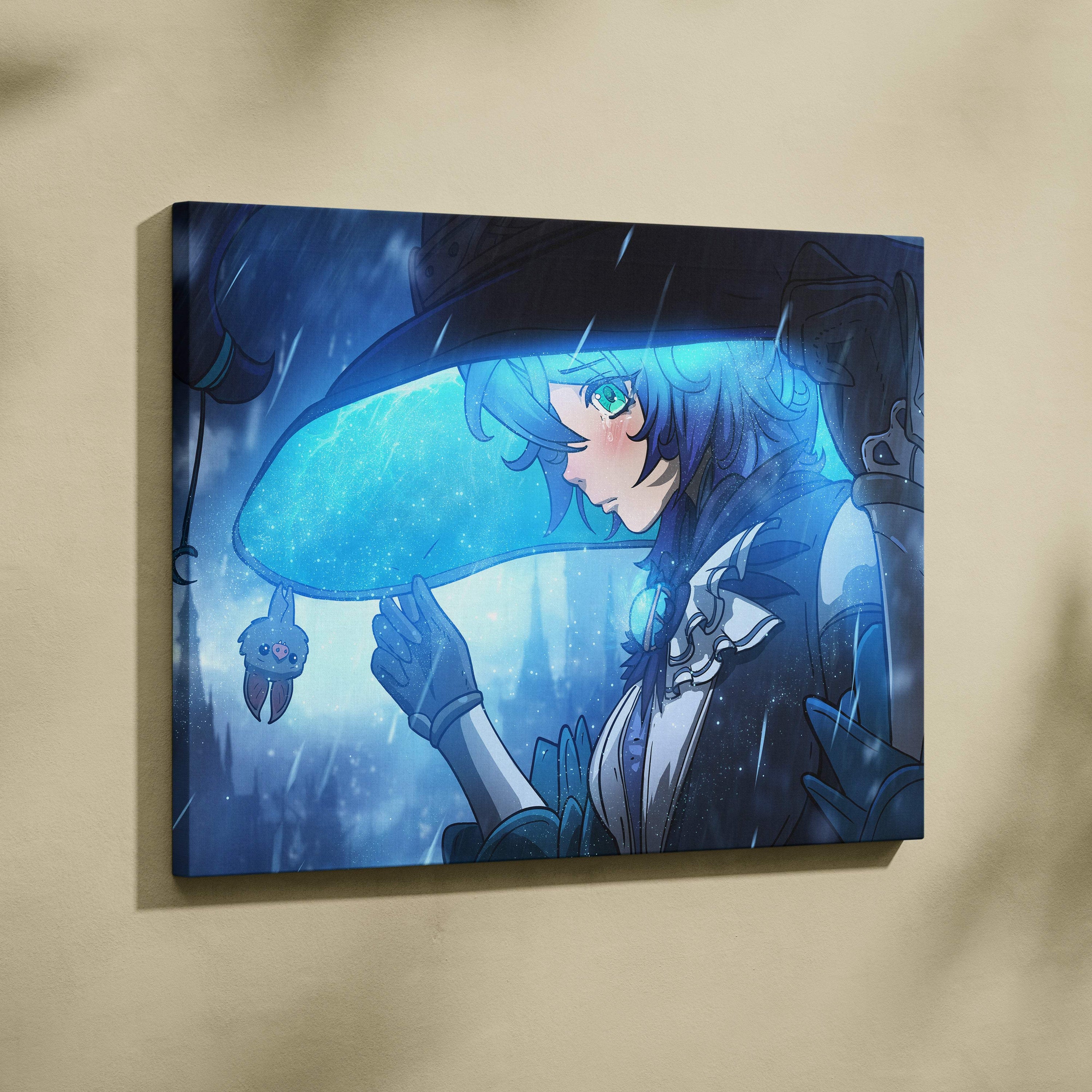 Blue-toned rainy night anime witch canvas art featuring a magical girl with green eyes holding a plush under a glowing umbrella
