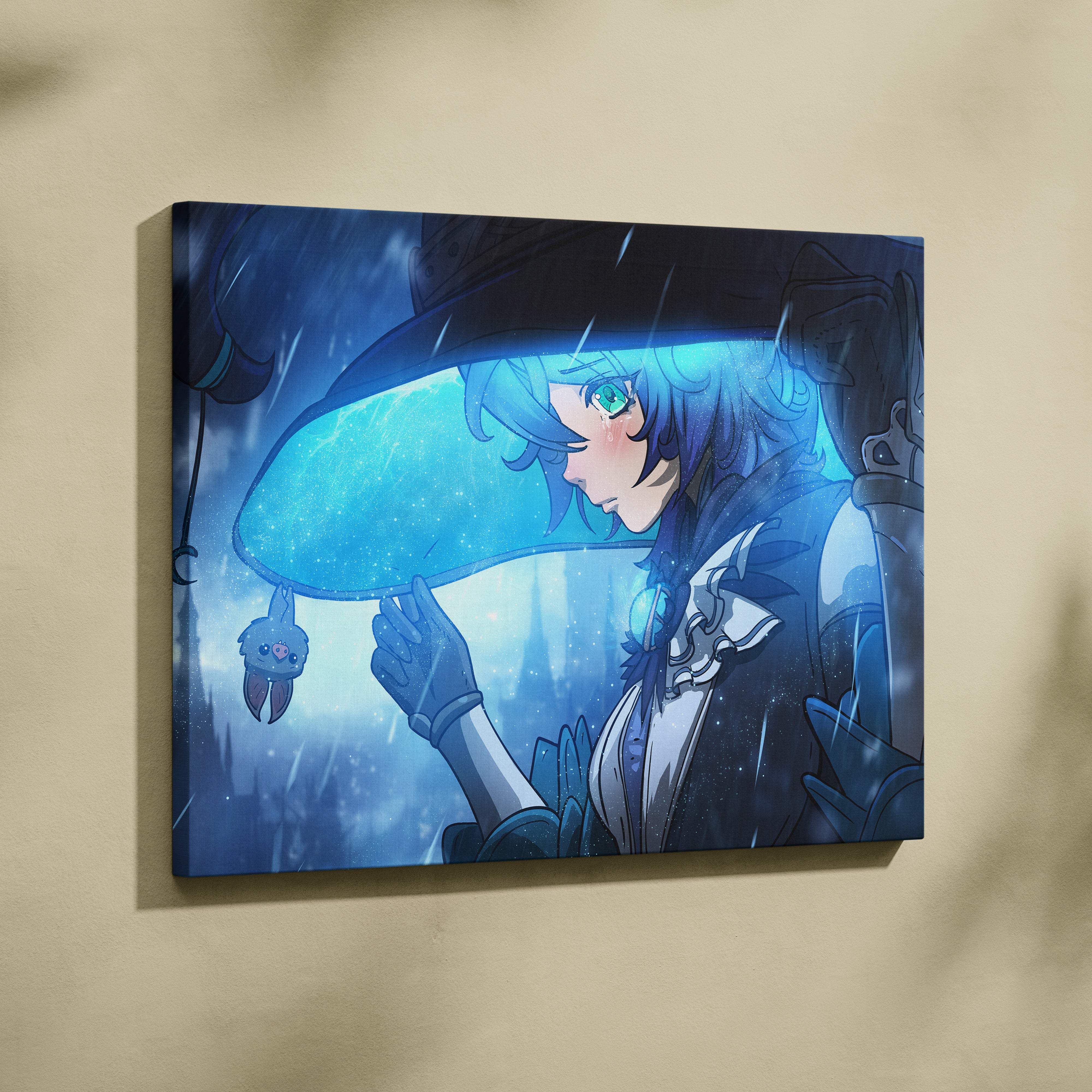 Blue-toned rainy night anime witch canvas art featuring a magical girl with green eyes holding a plush under a glowing umbrella