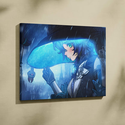 Blue-toned rainy night anime witch canvas art featuring a magical girl with green eyes holding a plush under a glowing umbrella