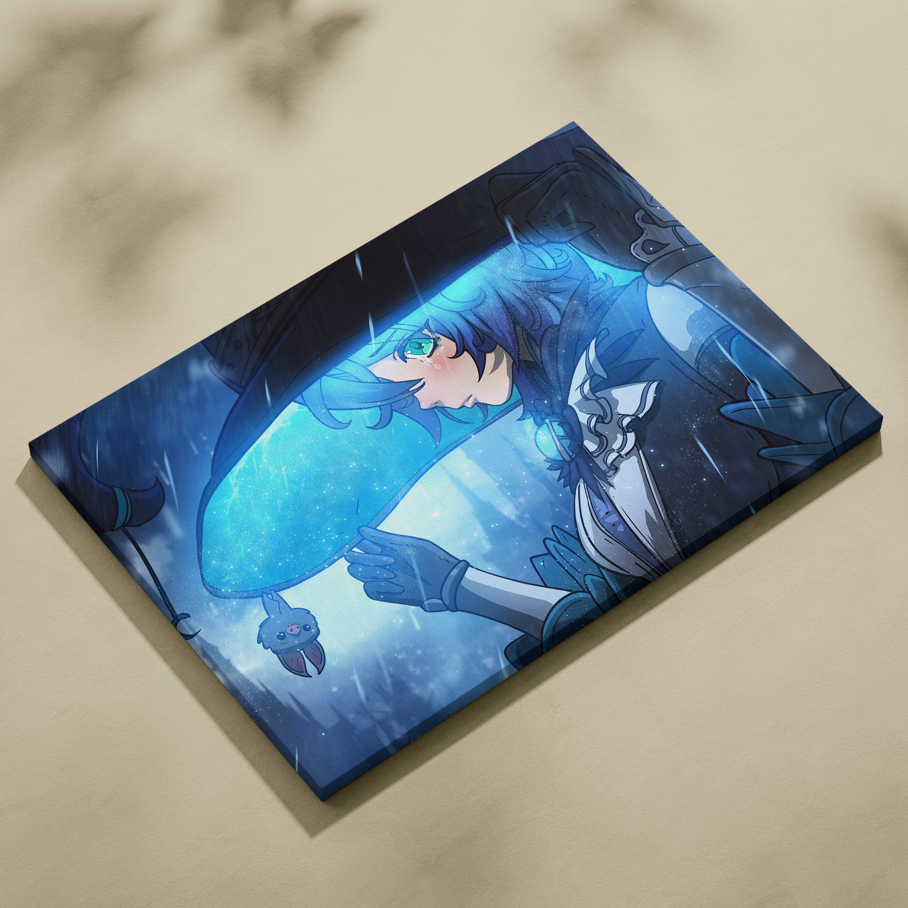 Blue and white anime-style canvas print featuring a magical girl with long dark hair holding an umbrella under rain with a small creature
