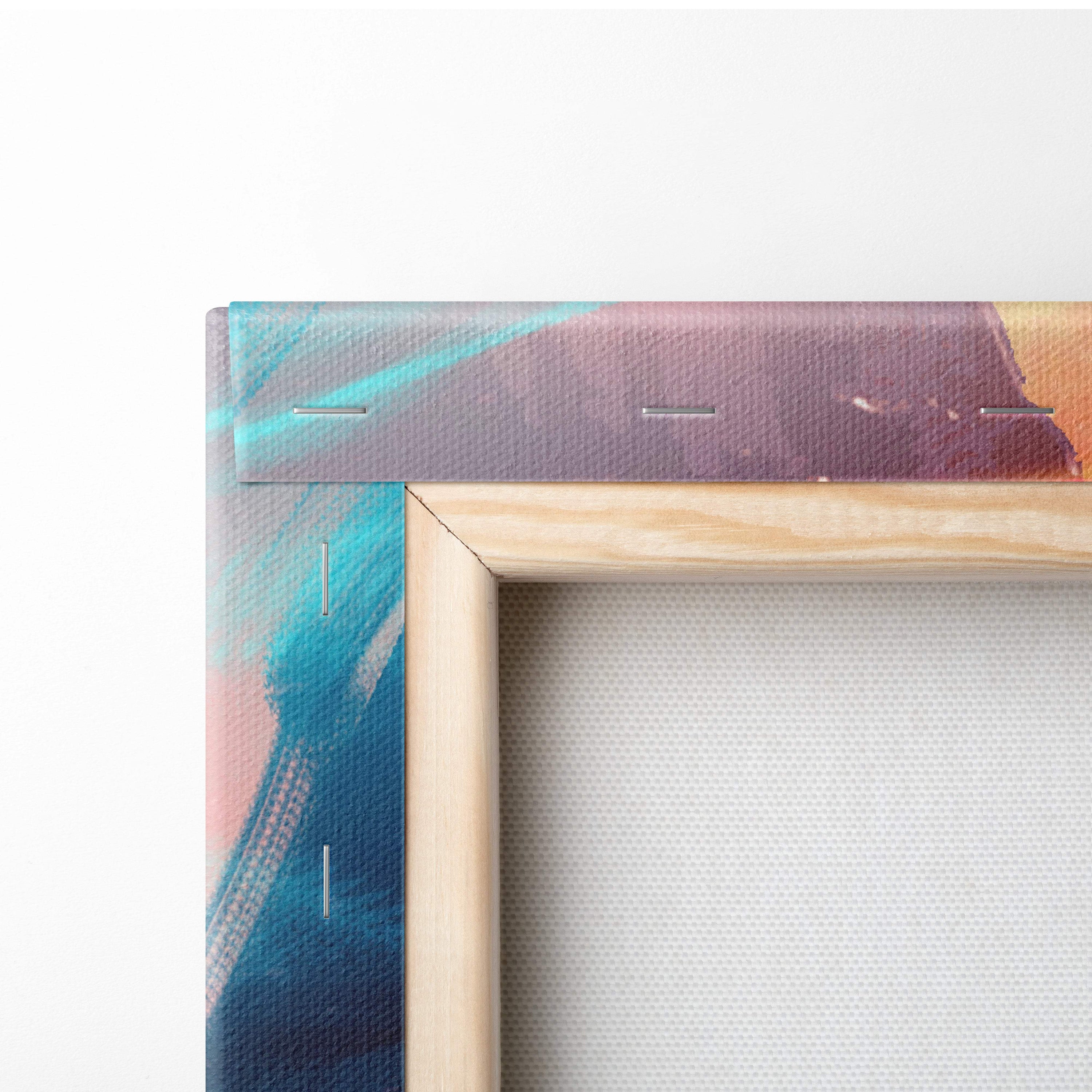 A wooden framed canvas print with vibrant teal purple and orange abstract design for cyberpunk rebel warrior decor