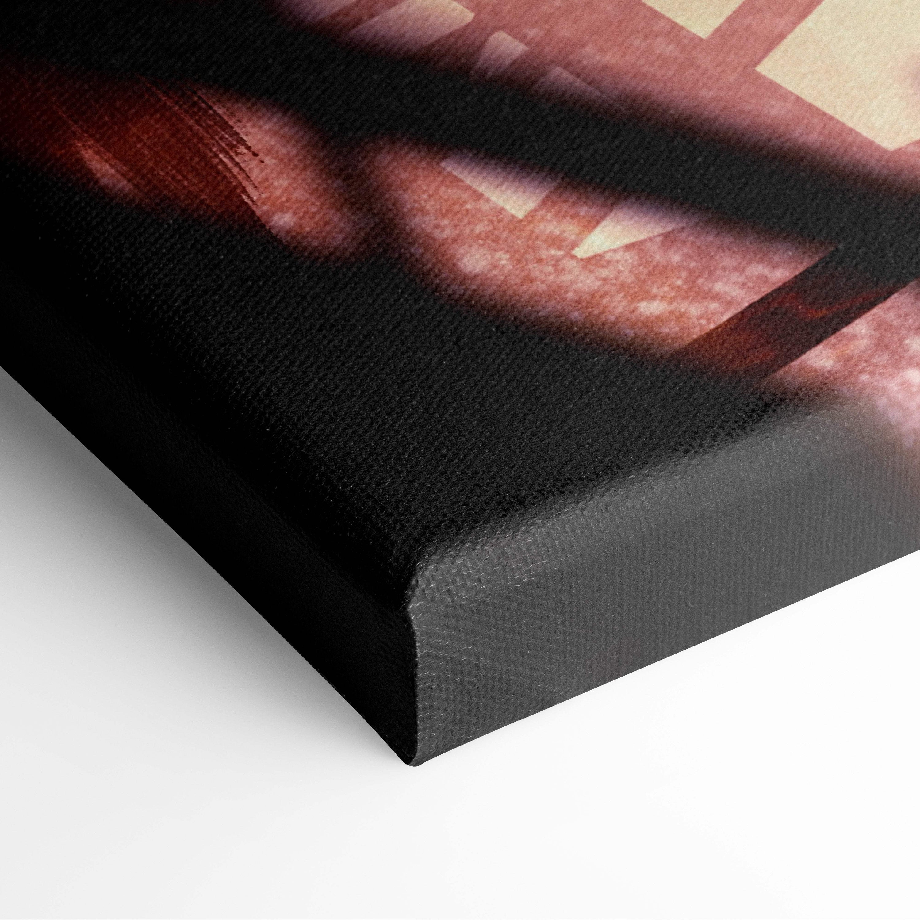 Black canvas print with textured surface featuring abstract red beige and dark tones from cyberpunk rebel warrior art