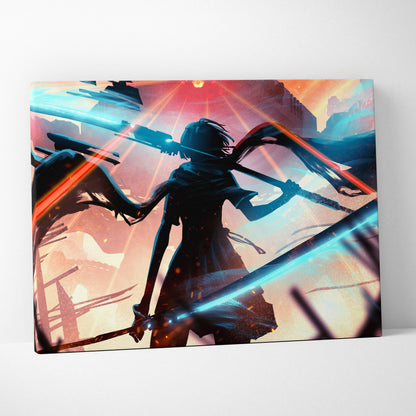 Vibrant anime-style cyberpunk rebel warrior canvas art with glowing blue and red swords against sunset backdrop