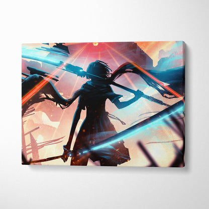 Vibrant cyberpunk rebel warrior canvas art with glowing blue dual swords silhouette on fiery orange and cyan background