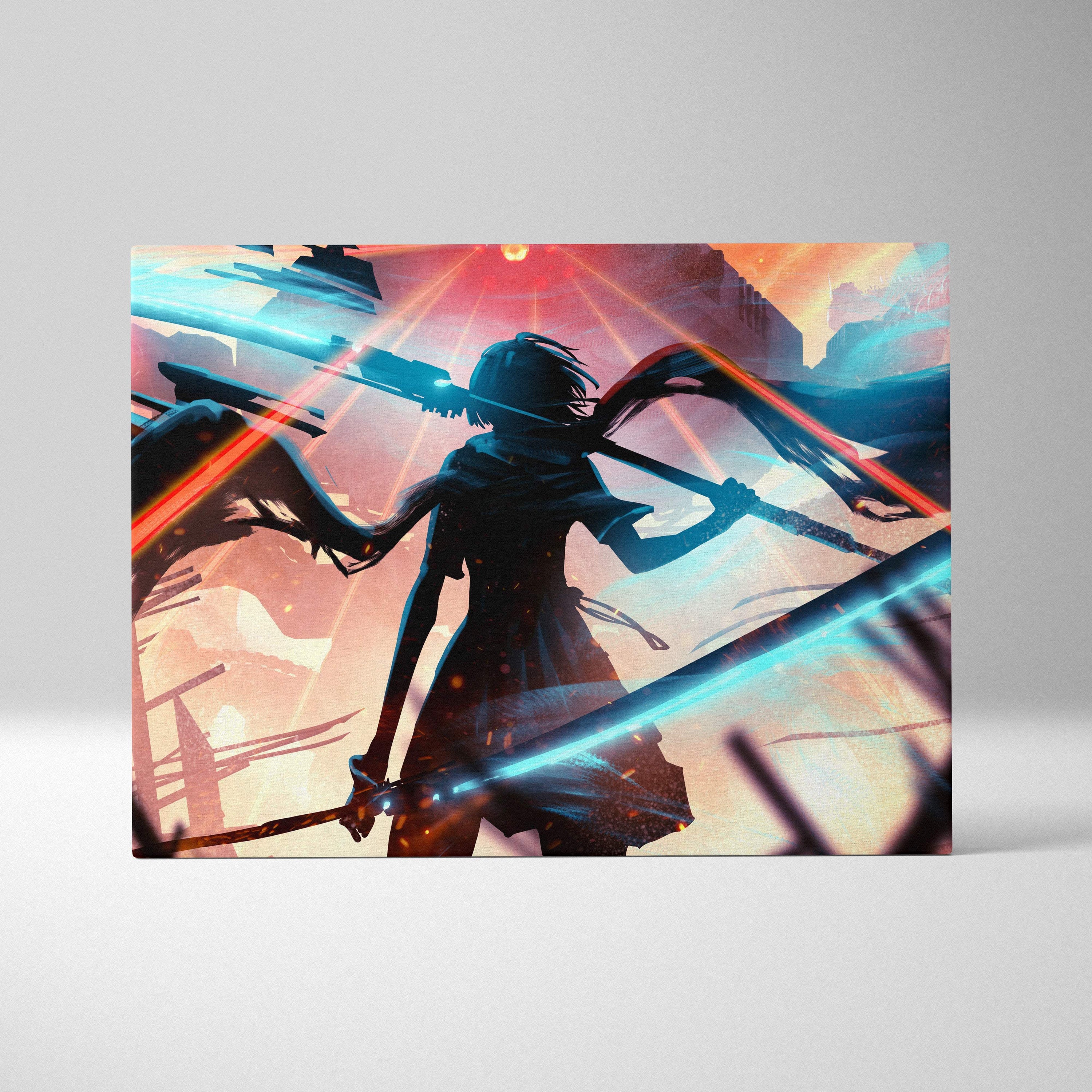 Vibrant anime-style canvas print of a cyberpunk rebel warrior silhouette with glowing blue and red swords