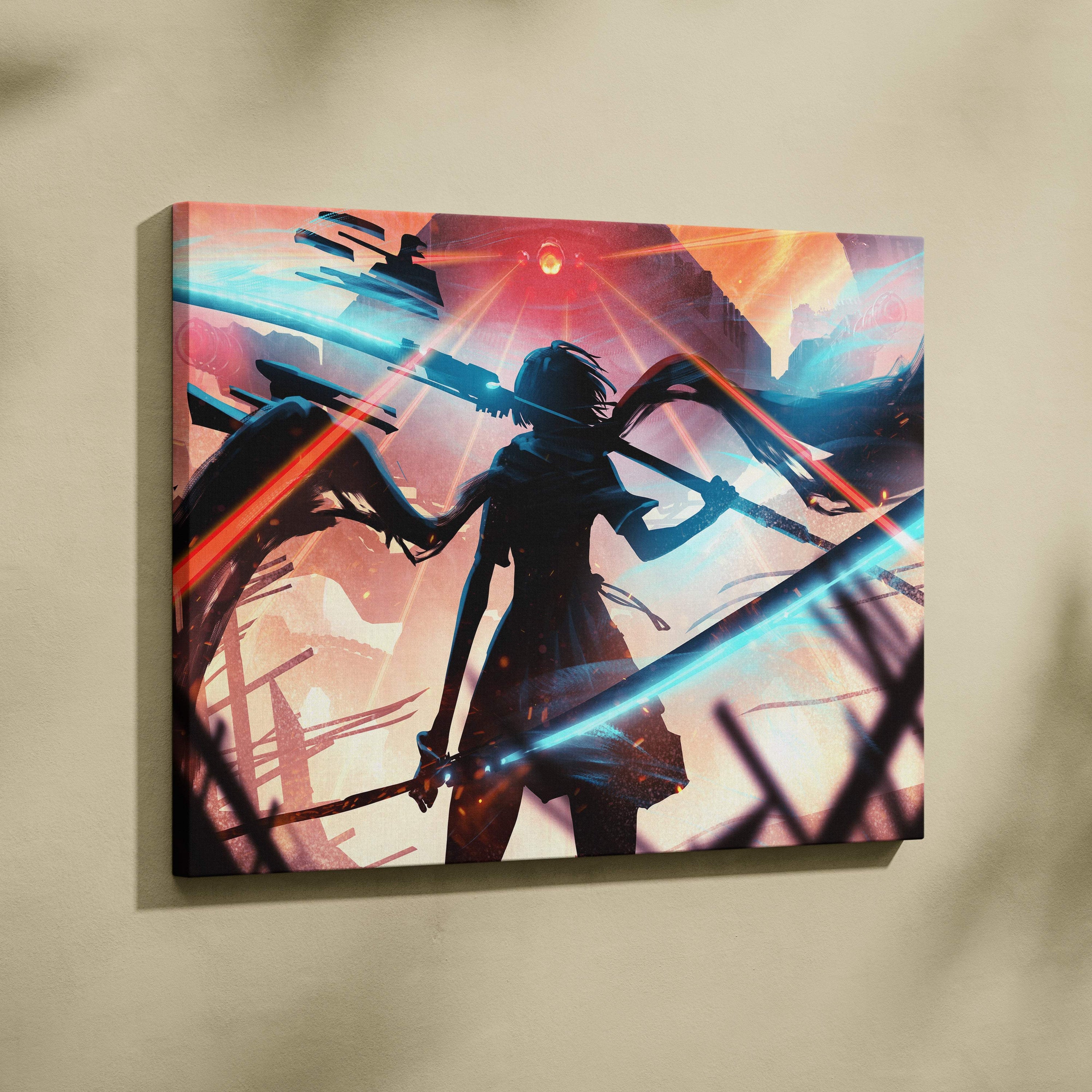 Vibrant anime-style canvas art of a warrior silhouette with glowing blue and red energy blades against fiery sky