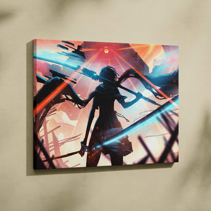Vibrant anime-style canvas art of a warrior silhouette with glowing blue and red energy blades against fiery sky