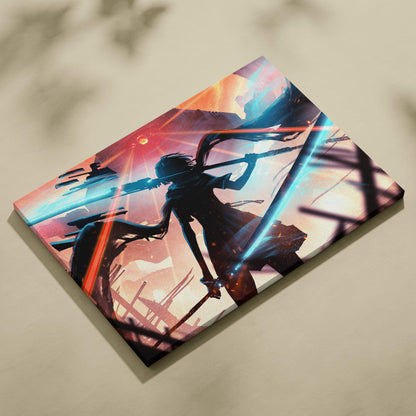 A vibrant anime-style canvas art of a cyberpunk warrior silhouette with blue and red energy blades against a colorful sky