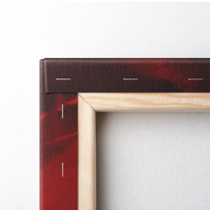 Minimalist wooden frame with dark brown textured canvas border and white stitching for crimson samurai shadow army canvas art