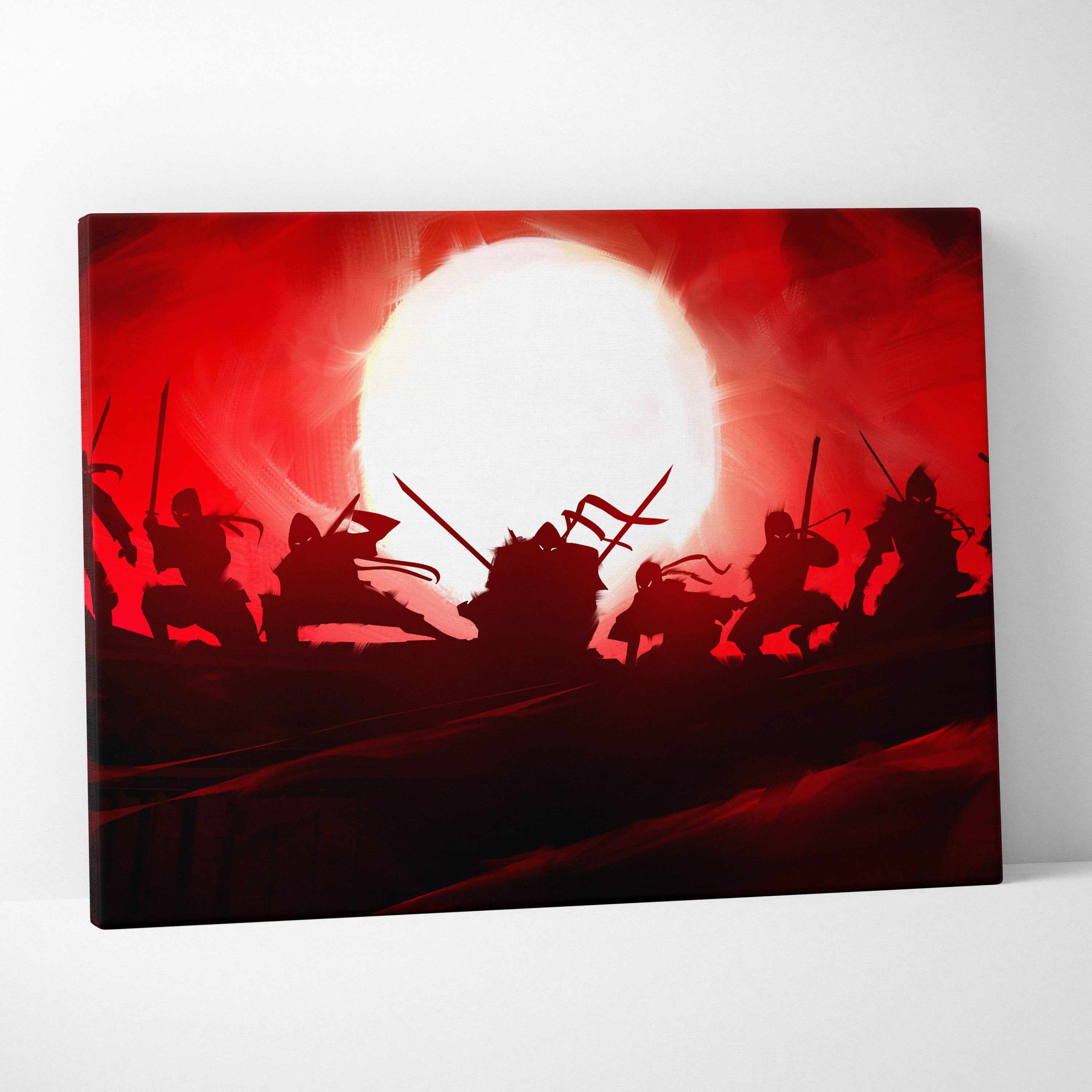 Red canvas print featuring silhouetted samurai warriors against a glowing white sun in a fiery red sky wall decor