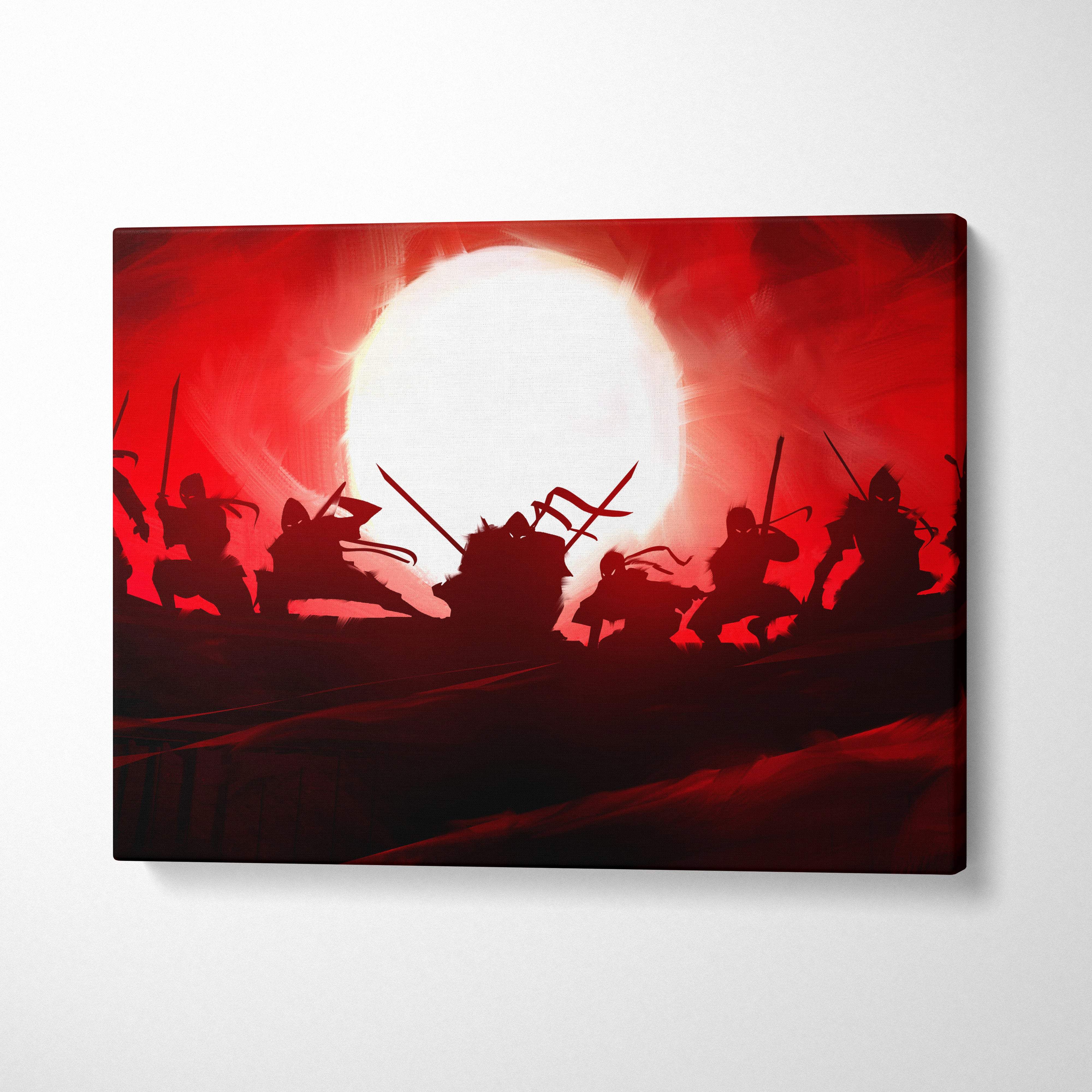 Red canvas print featuring silhouetted samurai warriors against a glowing white sun in a fiery red sky