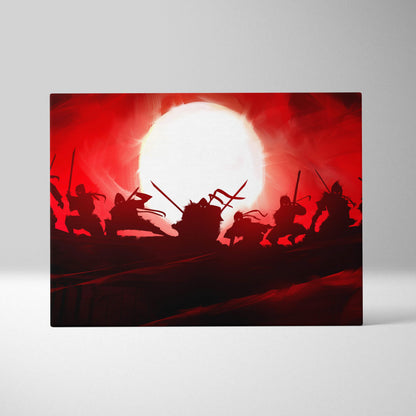 Red canvas print featuring silhouetted samurai warriors in combat against a glowing white sun in a fiery red sky
