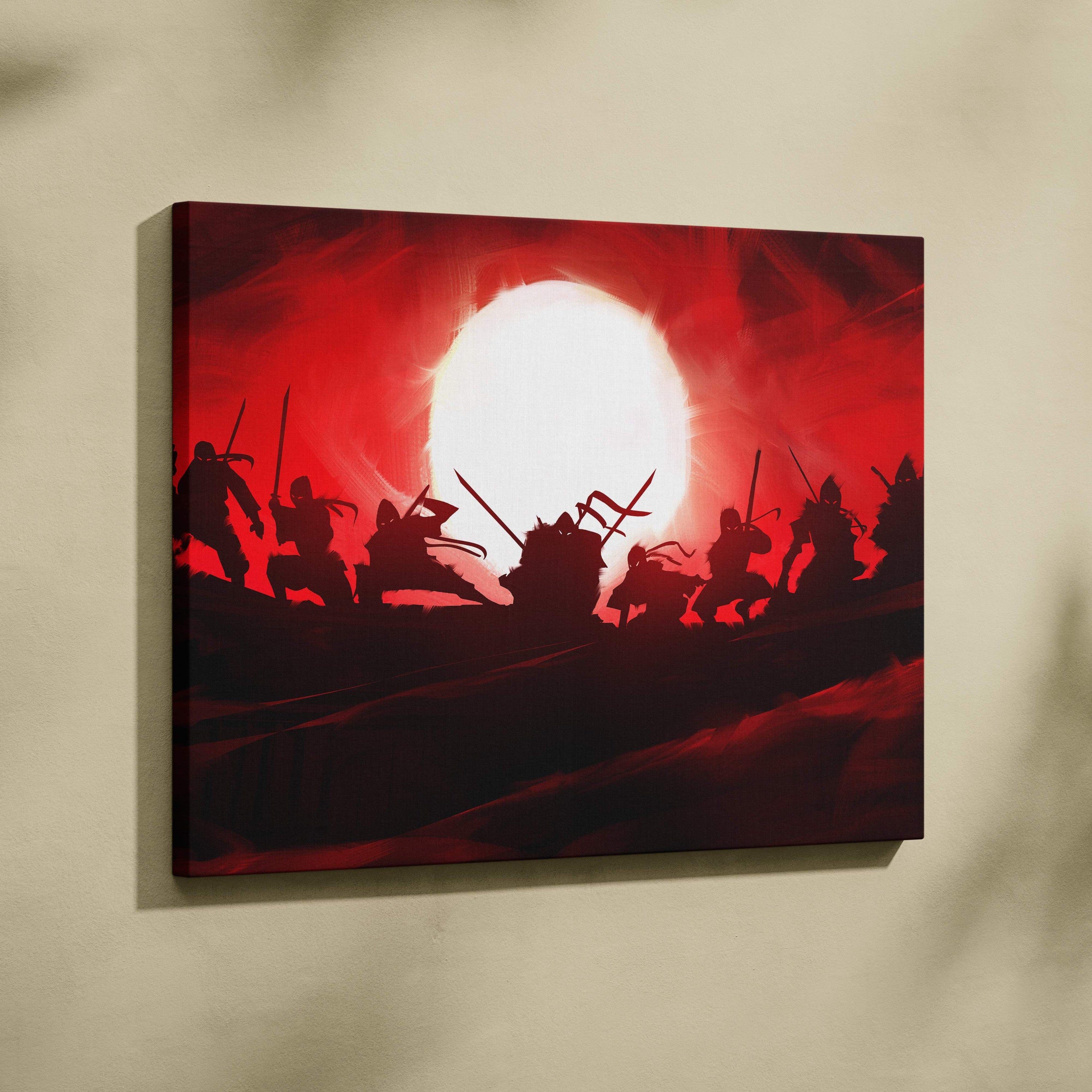 A striking red canvas print of silhouetted samurai warriors in combat against a glowing white sun in a crimson sky